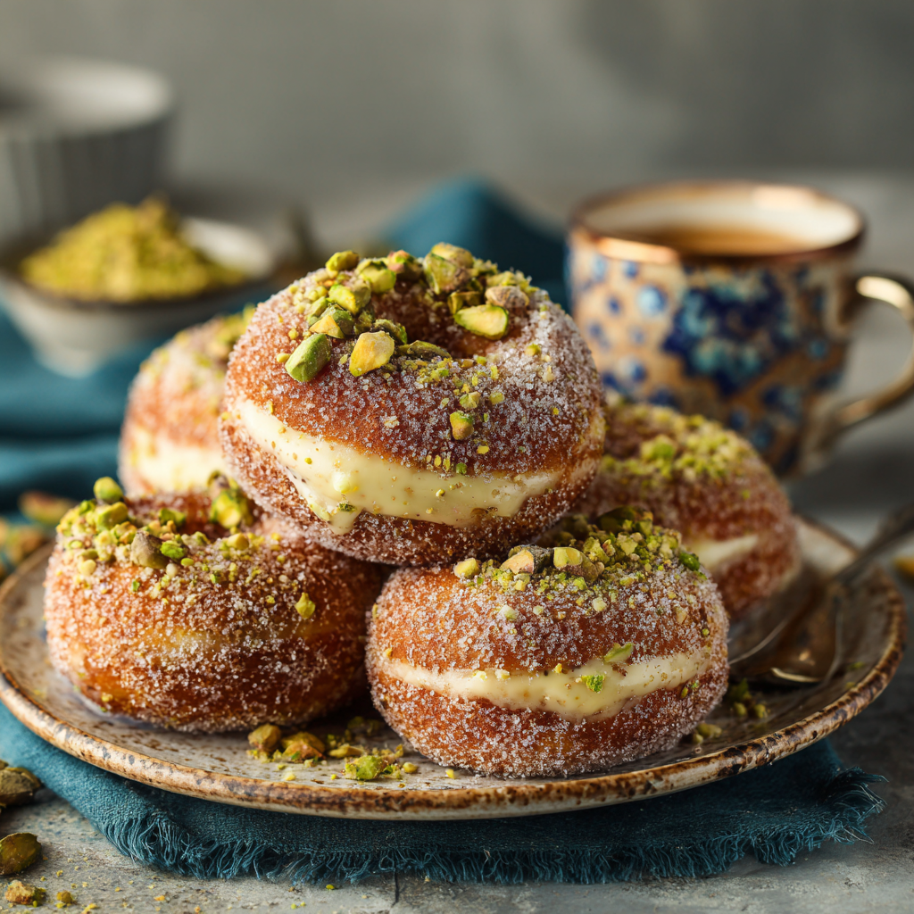 Finished Vegan Donuts Filled with Pistachio Pastry Cream served on a ceramic plate with sugar dusting.