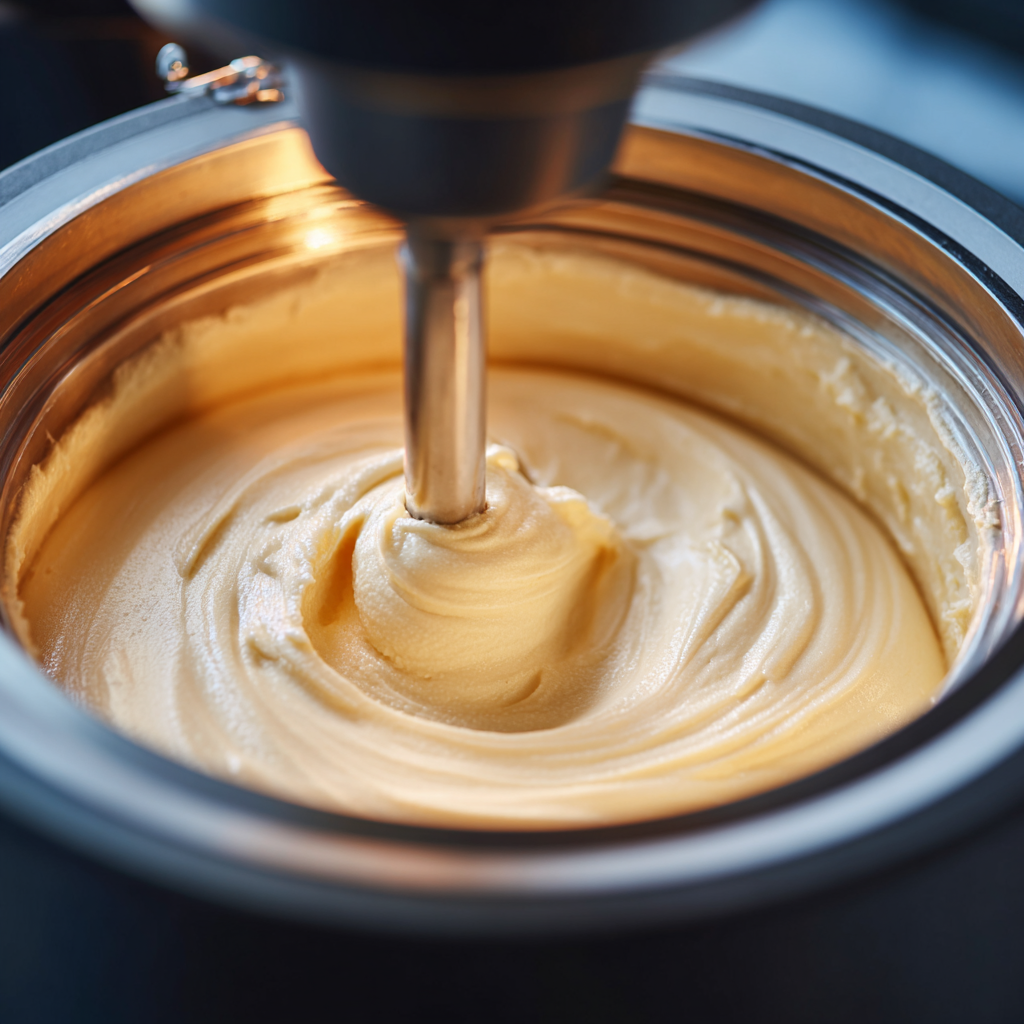 “Churning creamy honey lavender ice cream in an ice cream maker.”