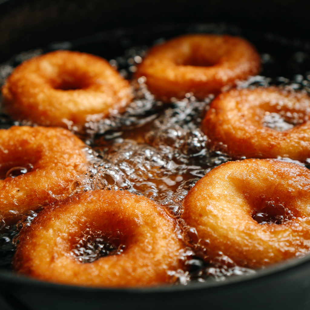 Vegan Donuts being fried to golden perfection in hot oil.