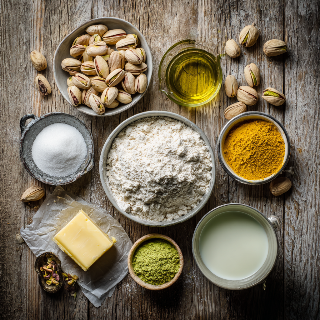 Ingredients for Vegan Donuts Filled with Pistachio Pastry Cream laid out on a rustic kitchen surface.