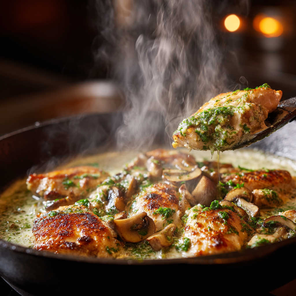 Grilled chicken cooking and Alfredo sauce being stirred in pan