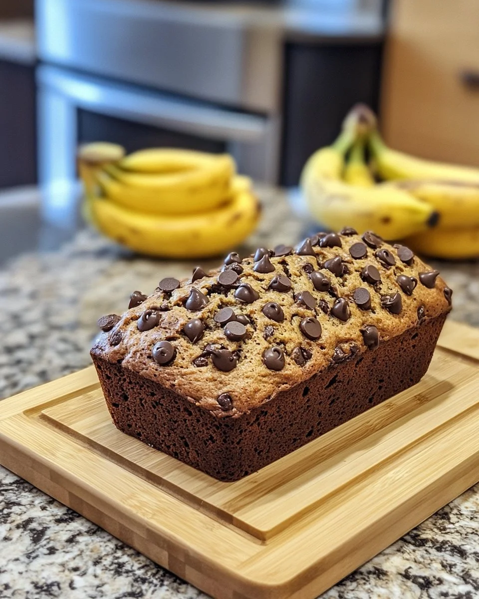 Slice of chocolate chip banana bread on a wooden table