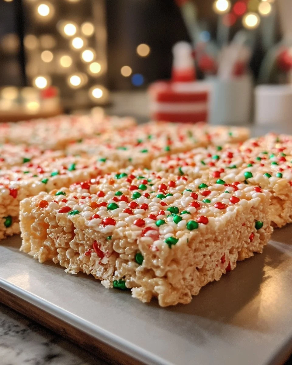 Festive Christmas Rice Krispie Treats arranged on a holiday-themed plate.