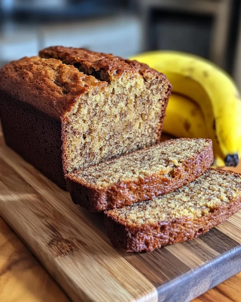 Moist banana bread made with 3 ripe bananas for a delicious treat.