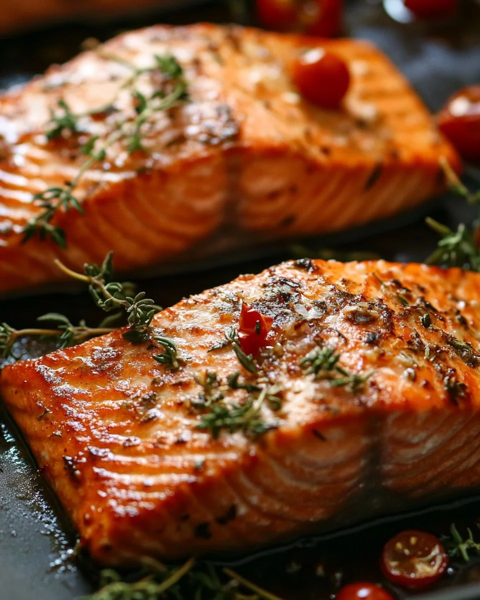 Freshly baked salmon garnished with herbs and lemon slices