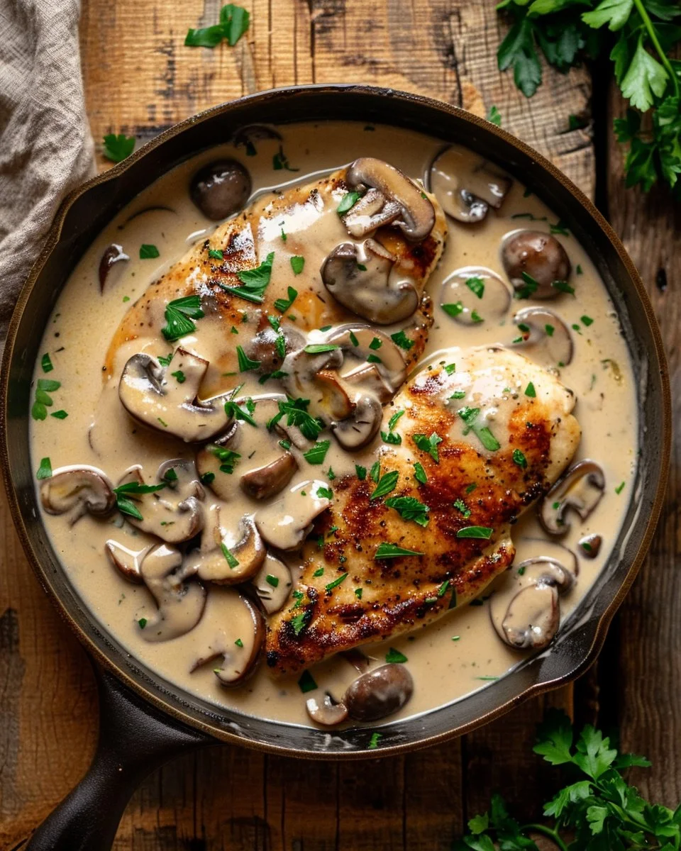 Chicken and mushroom skillet recipe in creamy Asiago sauce