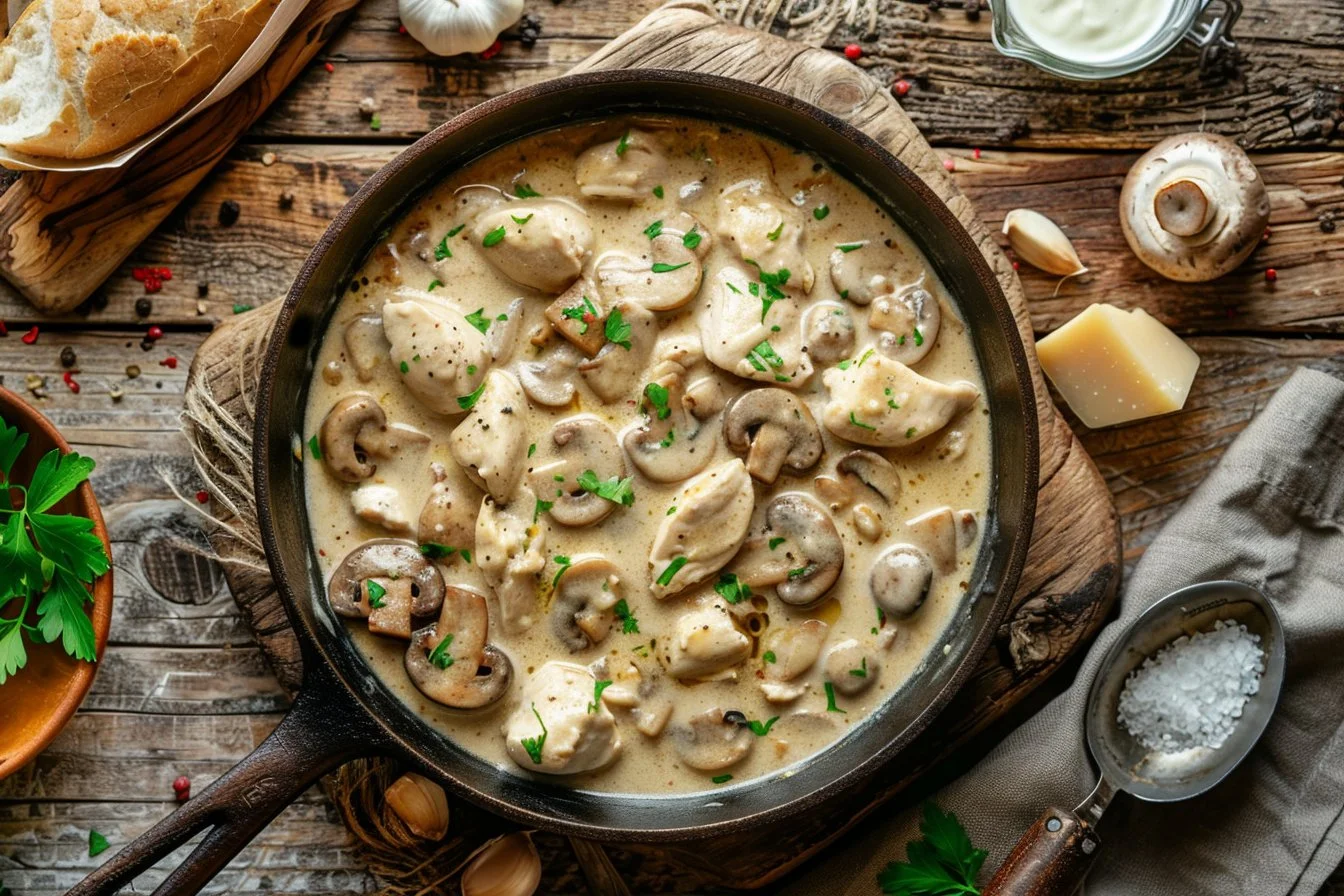 Chicken and Mushroom Skillet in a Creamy Asiago and Mustard Sauce