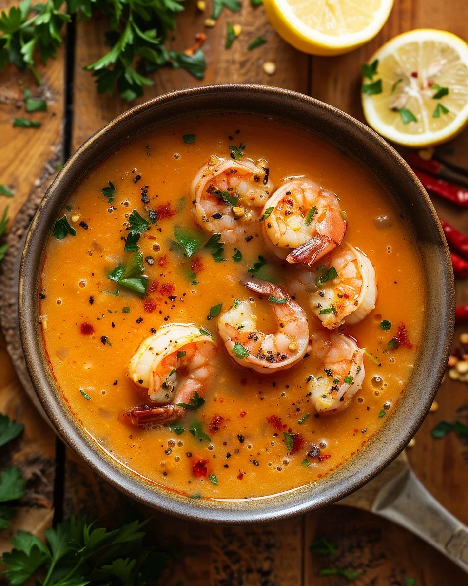 Delicious homemade crab bisque served in a bowl with fresh herbs and bread.