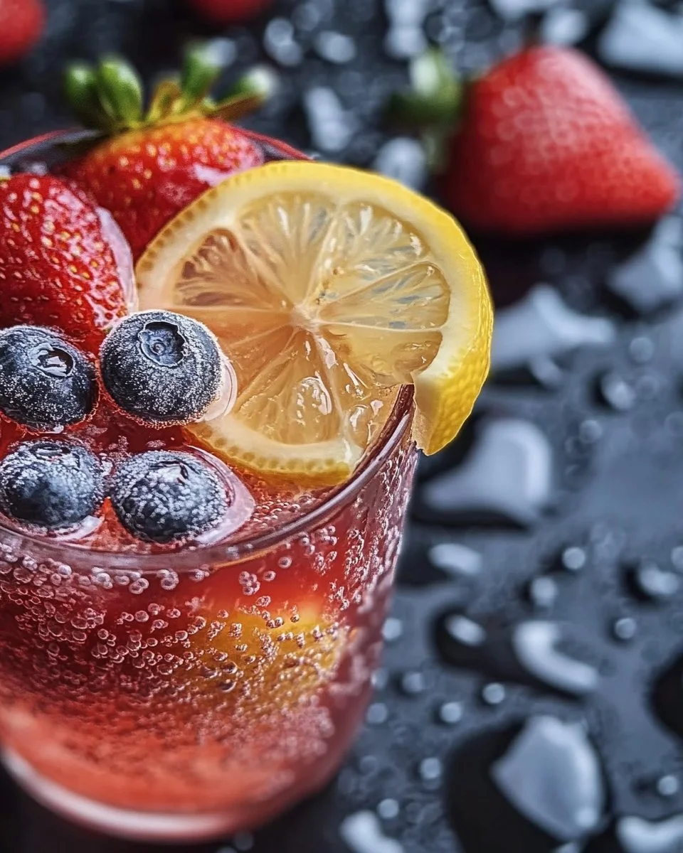 Chilled frozen strawberry lemonade served in a glass with fresh strawberries and lemon slices.