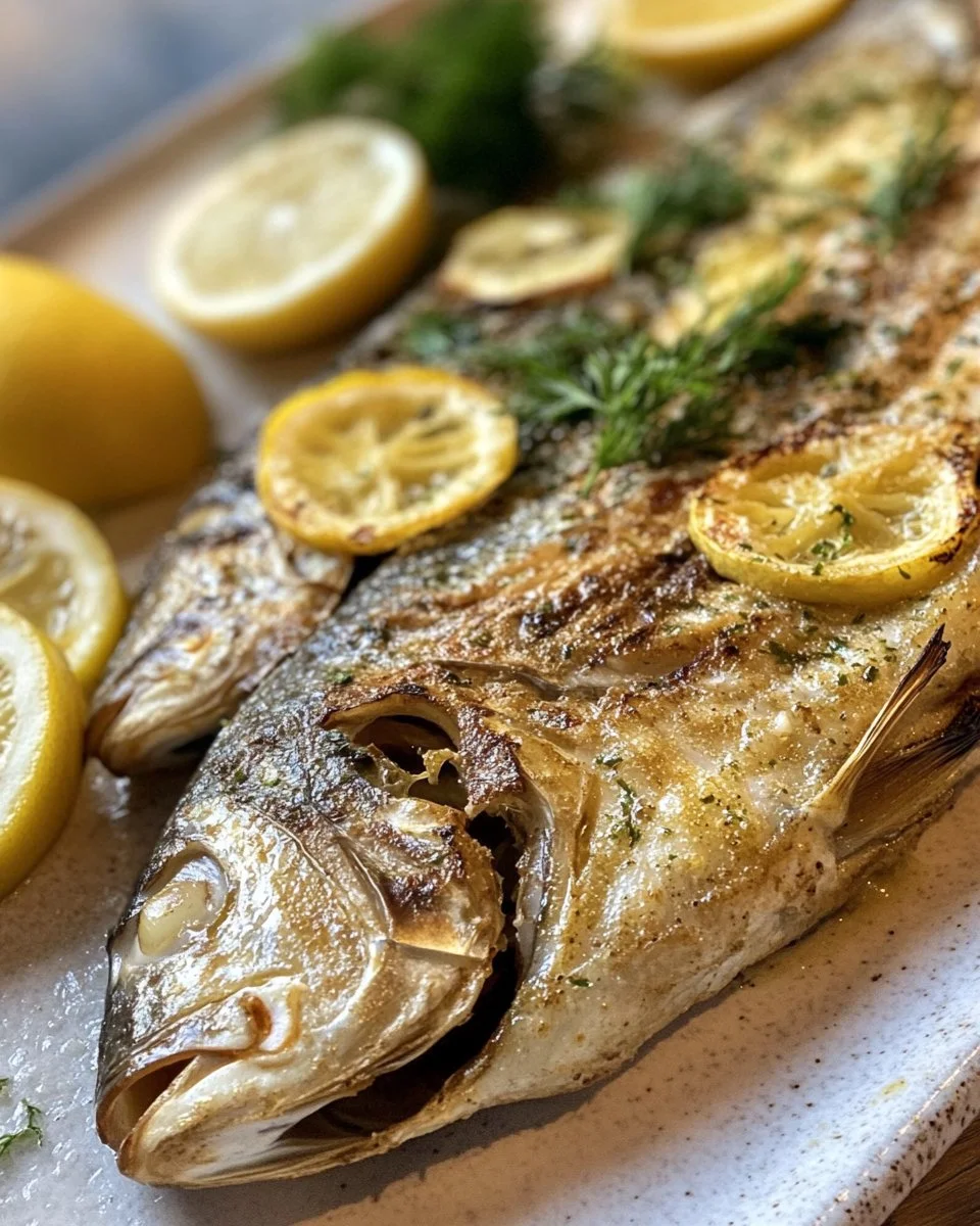 Grilled fish prepared in traditional Greek style with herbs and lemon.