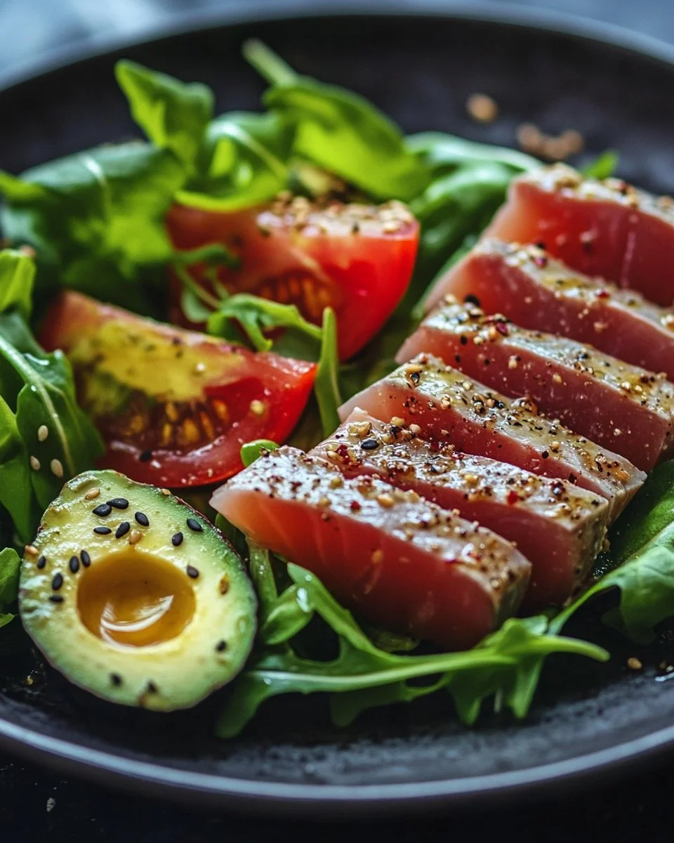 Healthy tuna salad with vegetables and dressing in a bowl