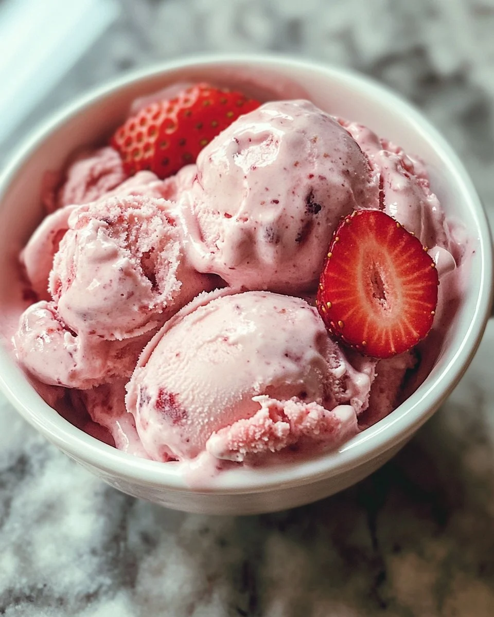 Delicious homemade strawberry ice cream in a bowl, garnished with fresh strawberries.