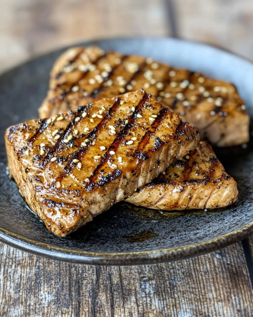 Sesame ginger grilled tuna steaks served on a plate with garnish