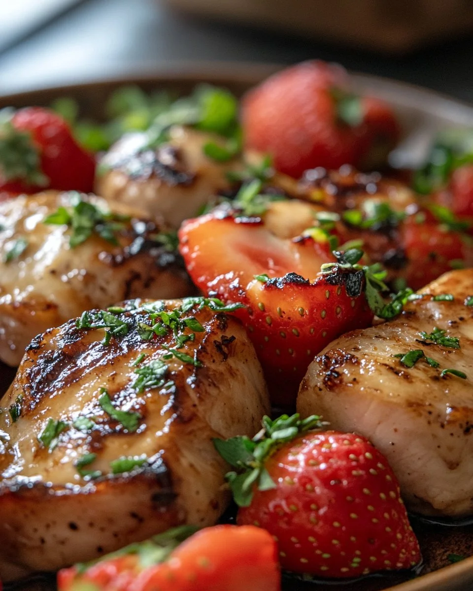 Delicious Strawberry Chicken dish garnished with fresh strawberries