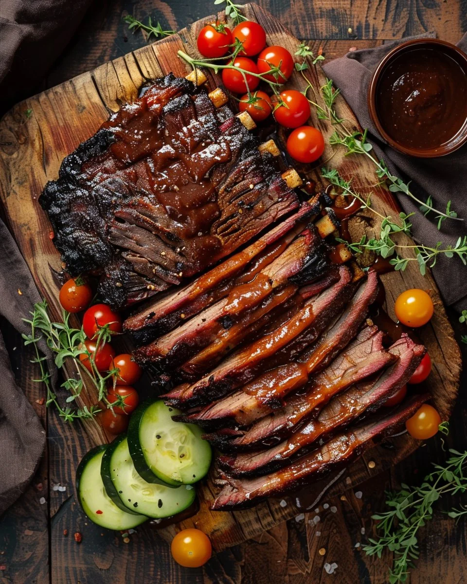 Tender brisket served with homemade barbecue sauce on a rustic wooden table.