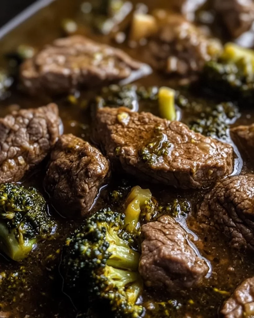 Tender crock pot beef and broccoli served in a bowl with rice