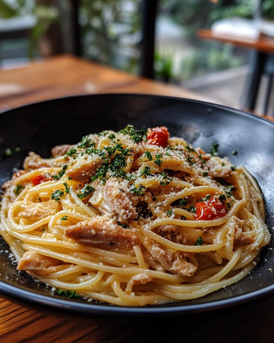 Delicious plate of Tuna Spaghetti garnished with herbs