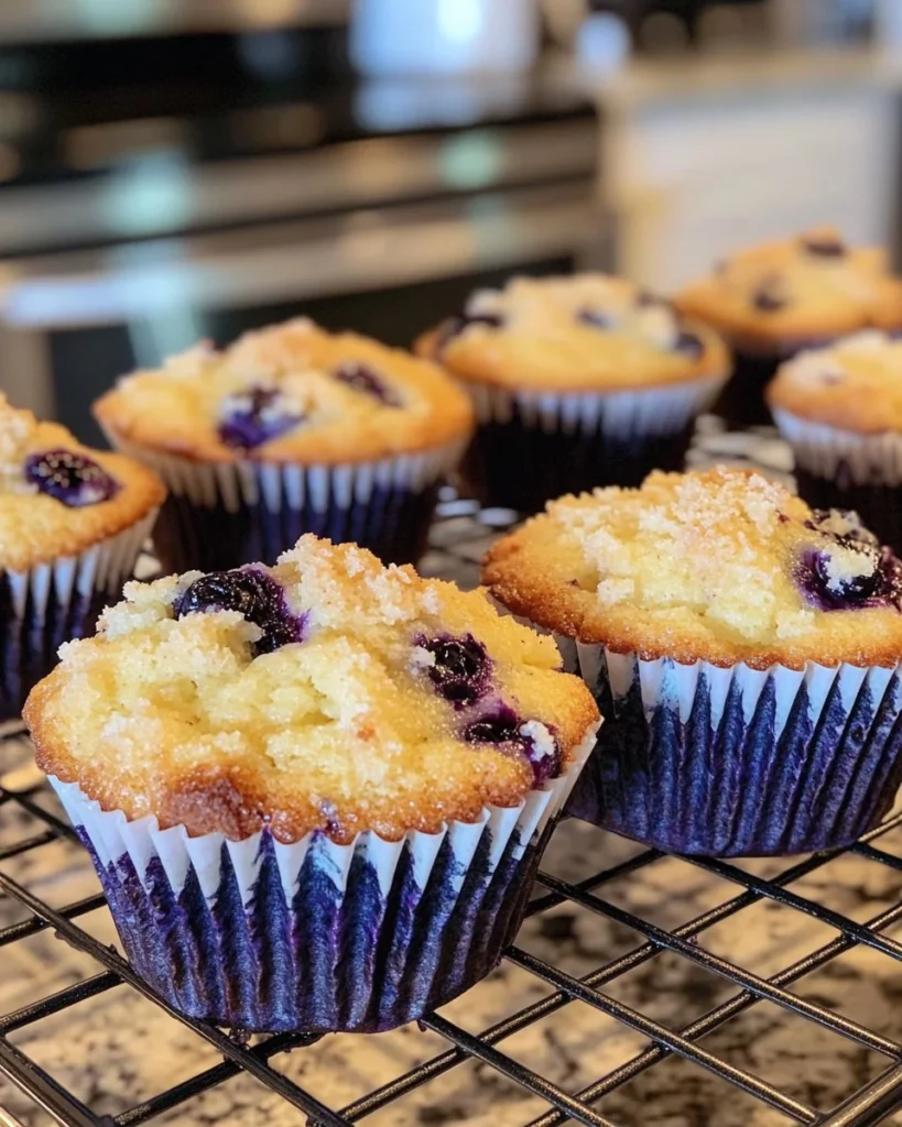 Freshly baked bakery style blueberry muffins with blueberries on top
