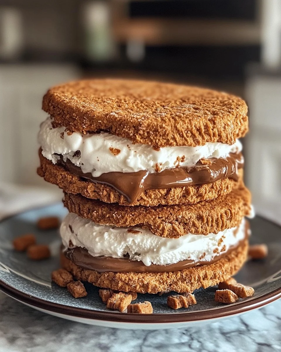 Biscoff ice cream sandwiches with creamy filling and crunchy cookies