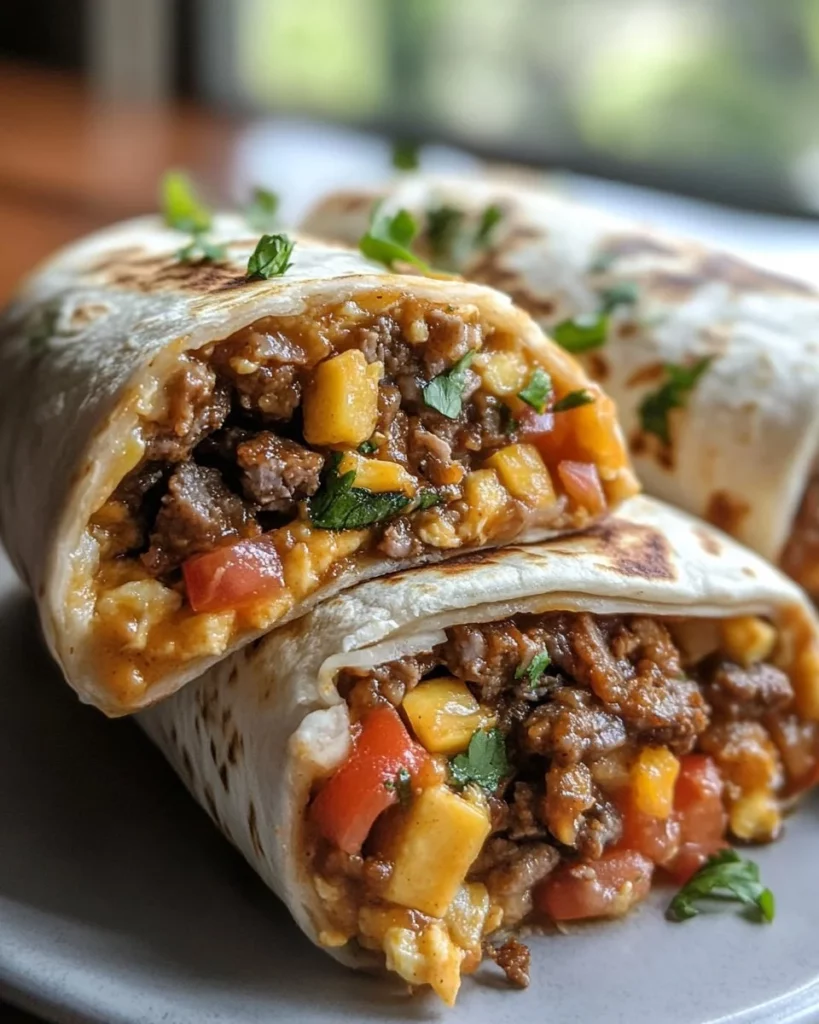 Delicious breakfast burrito filled with eggs, cheese, and salsa on a plate