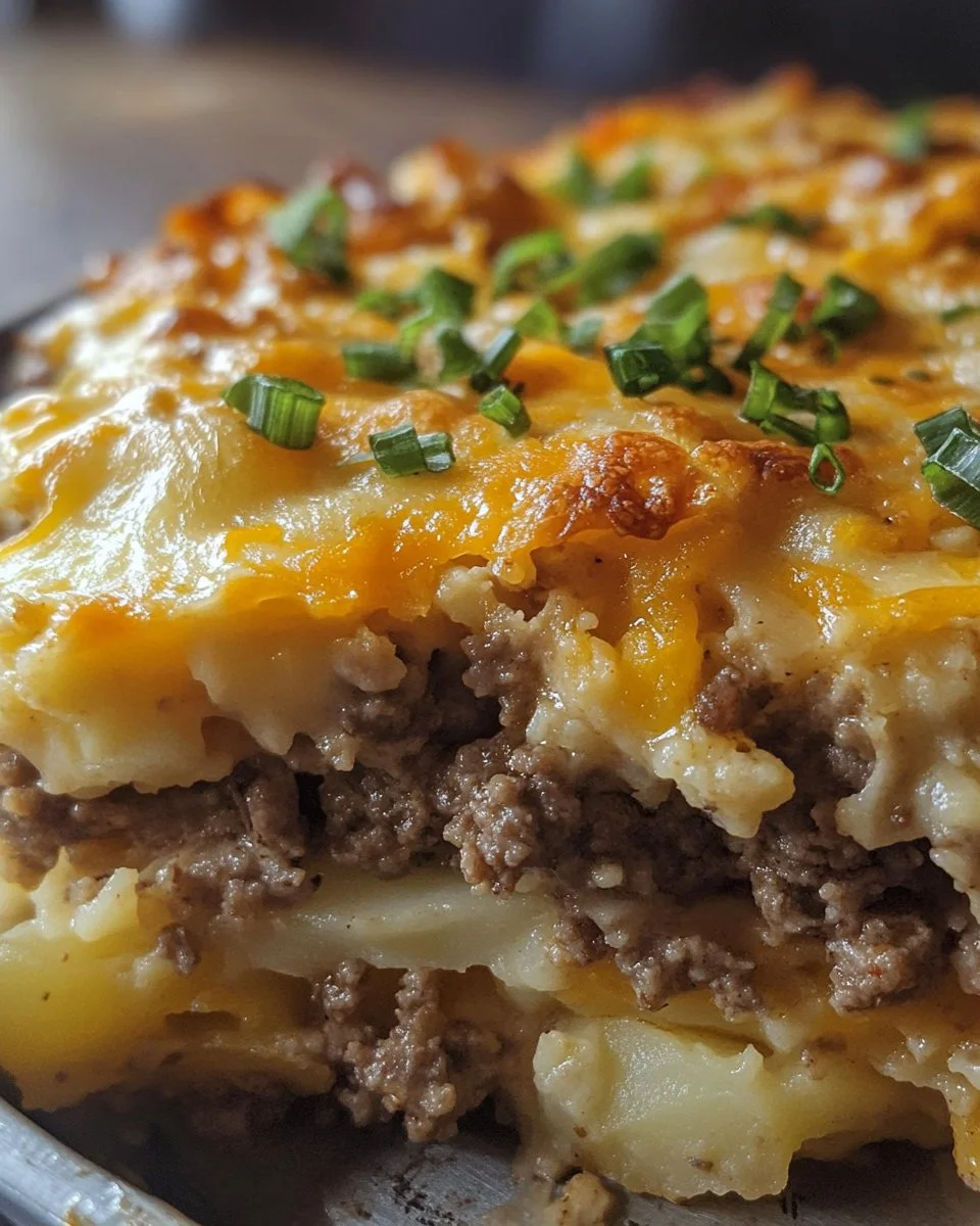 Cheesy hamburger potato casserole topped with melted cheese and herbs