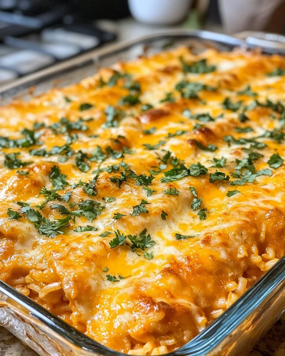 Delicious Chicken Enchilada Rice Casserole in a baking dish