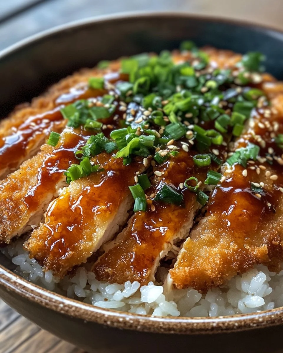 Delicious Chicken Katsu Rice Bowls garnished with tonkatsu sauce