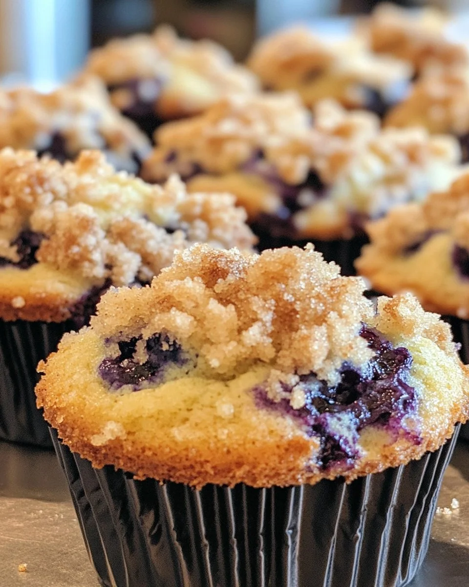 Classic blueberry muffins topped with streusel in a baking tray