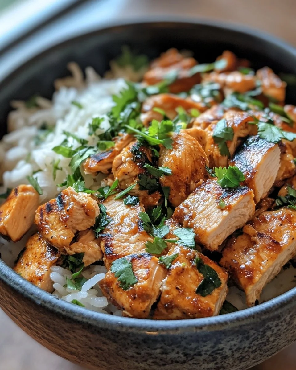 Coconut Chicken Rice Bowl with fresh vegetables and aromatic coconut flakes