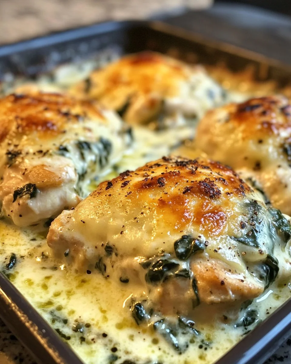 Creamy chicken and spinach casserole in a dish, garnished and ready to serve.