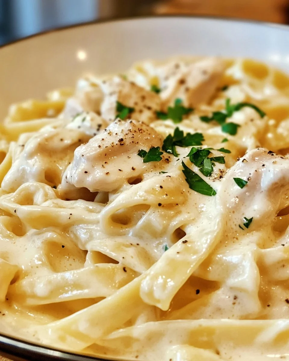 Creamy Chicken Fettuccine Alfredo dish garnished with parsley