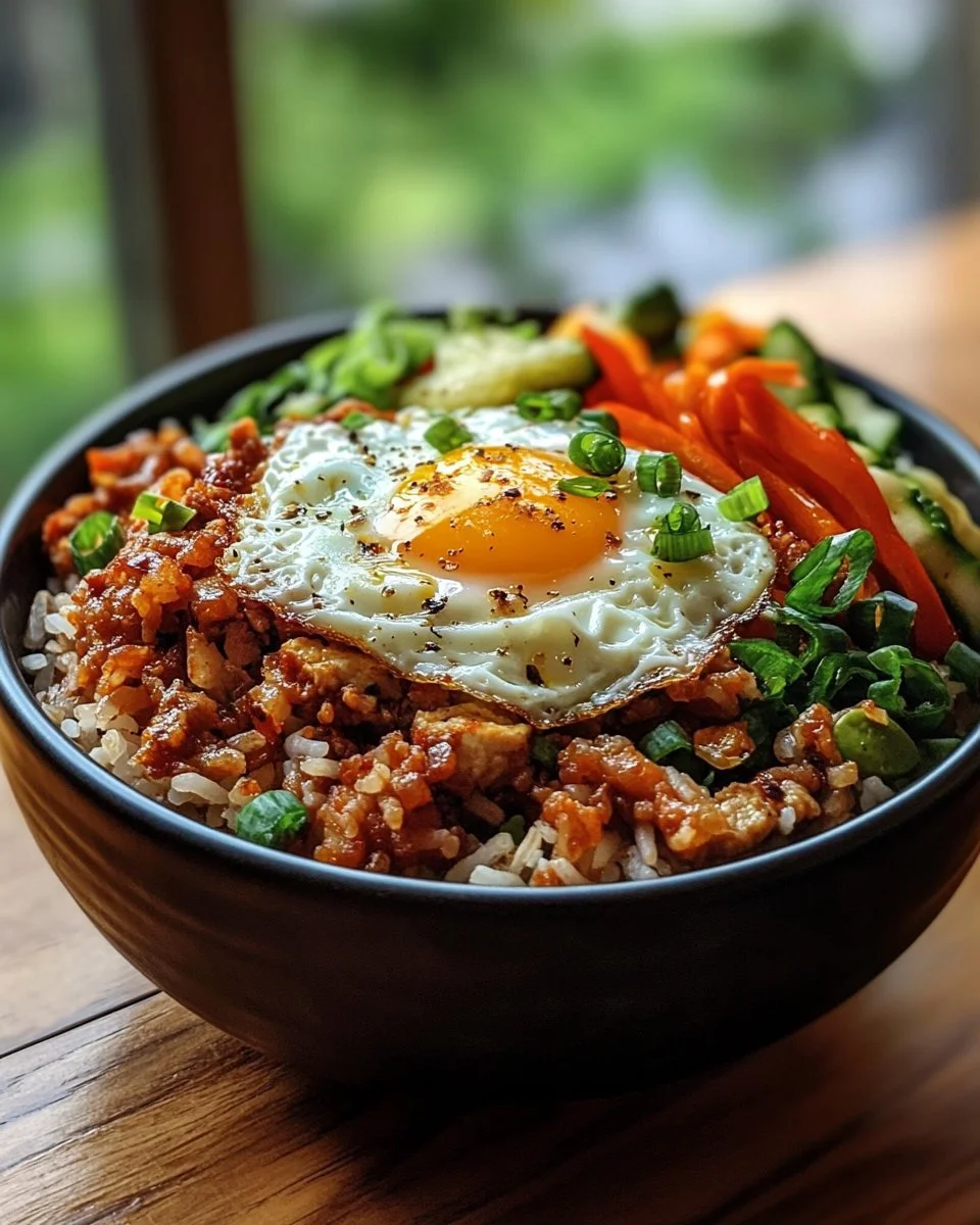 Delicious egg and veggie rice bowl topped with fresh ingredients and served in a bowl.