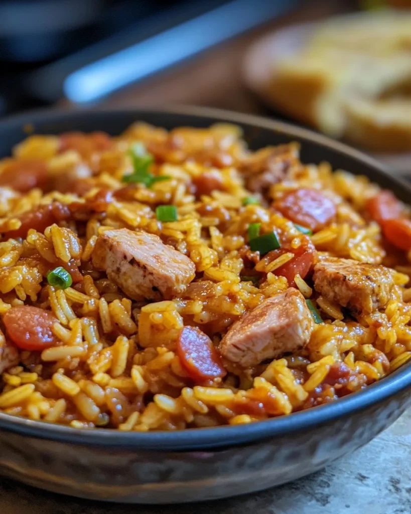 Delicious easy homemade jambalaya in a bowl with shrimp, sausage, and rice
