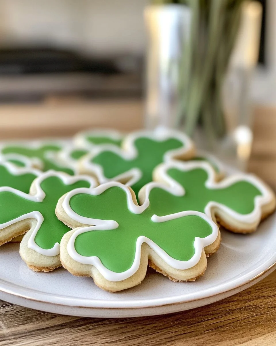 A platter of colorful St. Patrick's Day cookies decorated with green icing and shamrocks.