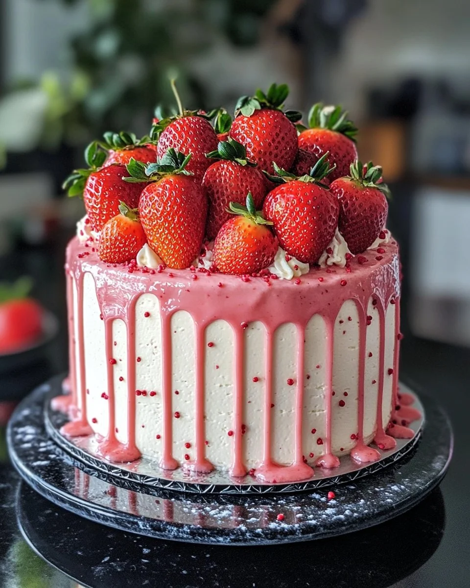 Slice of easy strawberry cake topped with fresh strawberries and whipped cream