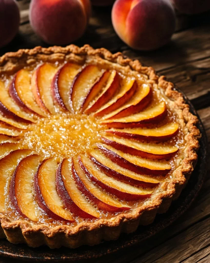 Delicious French-style peach tart with fresh peaches on flaky pastry crust