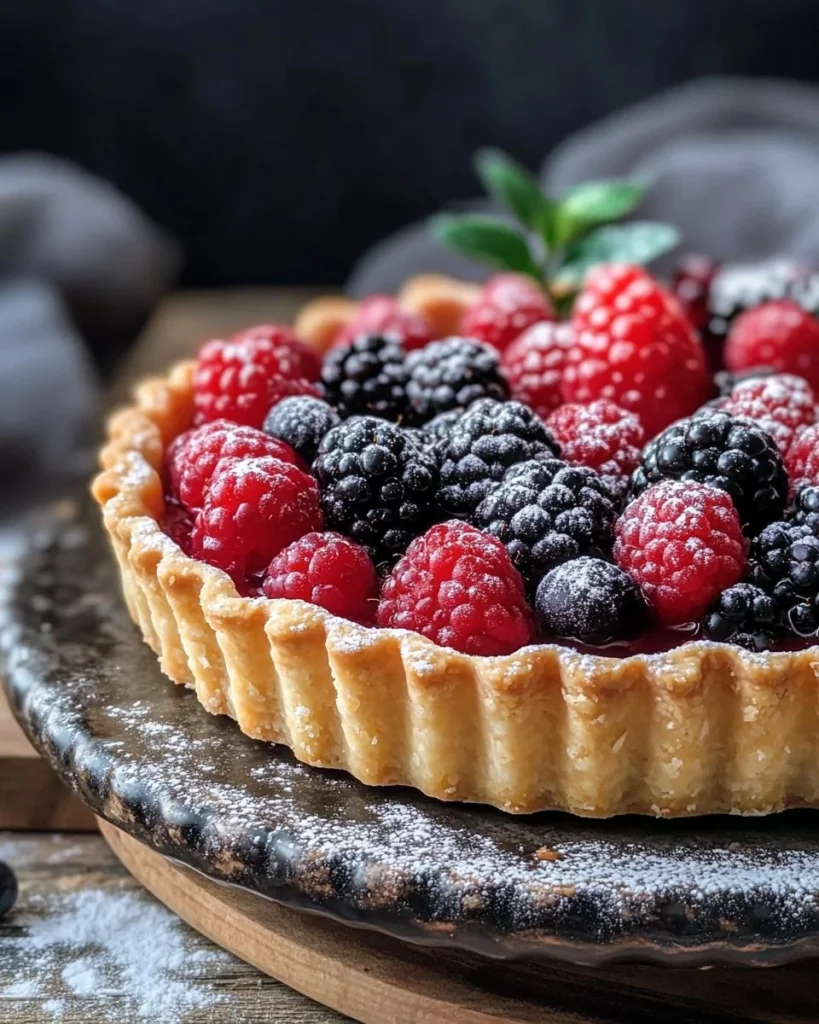 Fresh berry tart topped with assorted berries and whipped cream on a pastry crust