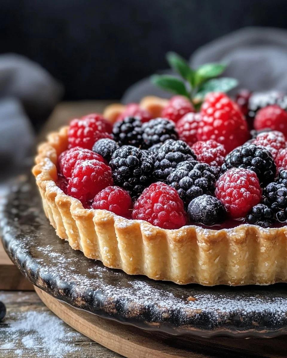Fresh berry tart topped with assorted berries and whipped cream on a pastry crust