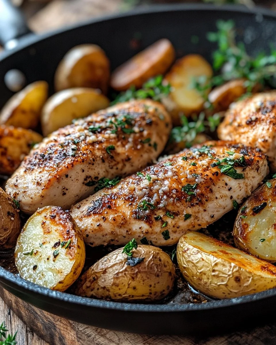 Garlic Parmesan Chicken and Potatoes Skillet served hot on a rustic table