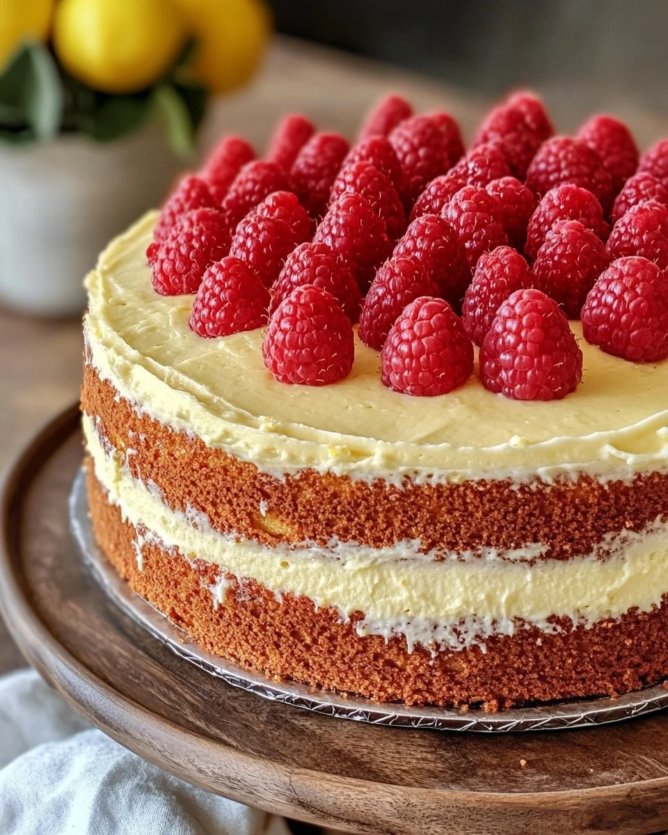 Gluten-free lemon raspberry cake garnished with fresh raspberries and lemon slices