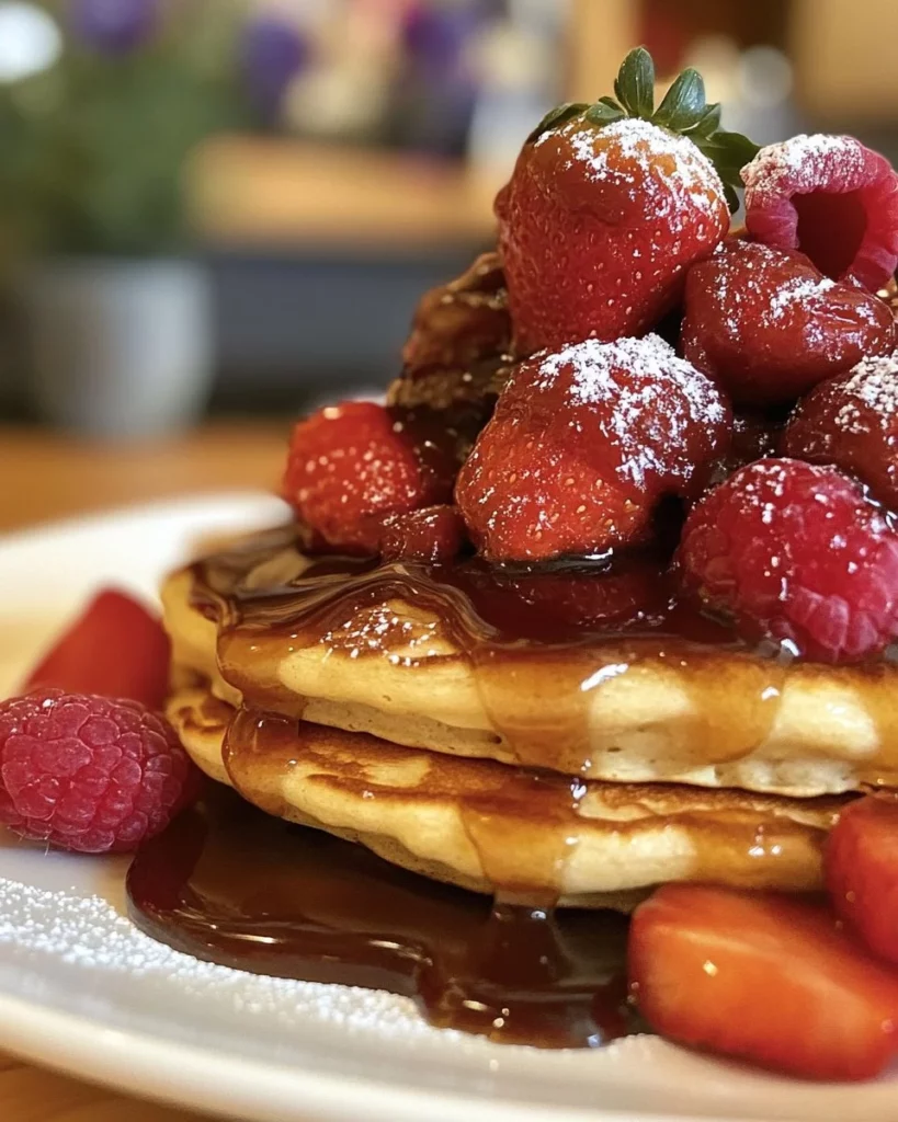 Stack of delicious gluten-free pancakes topped with fresh berries and syrup