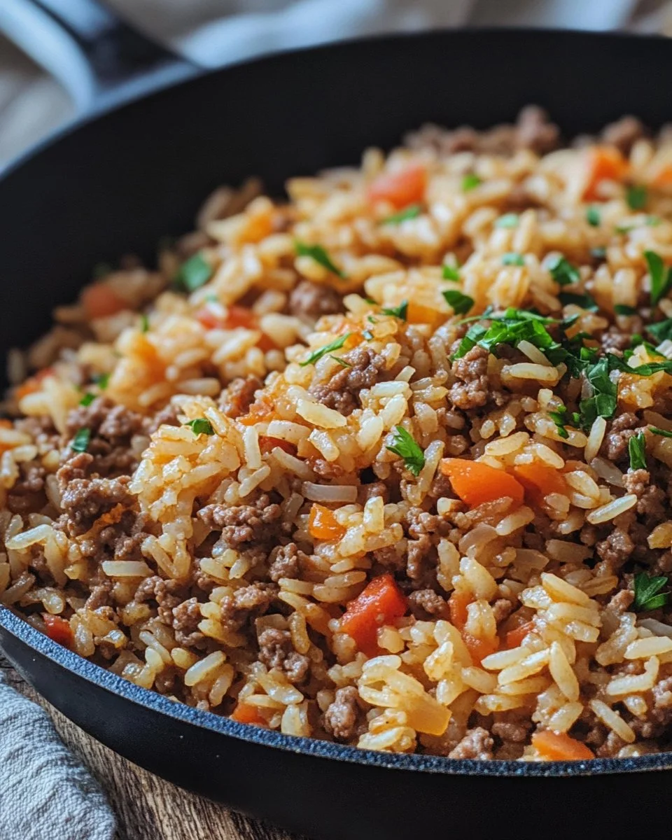 Ground Beef and Rice Skillet dish served in a pan with fresh ingredients