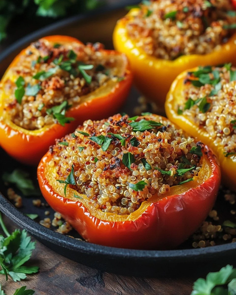 High-protein quinoa stuffed peppers filled with vegetables and herbs