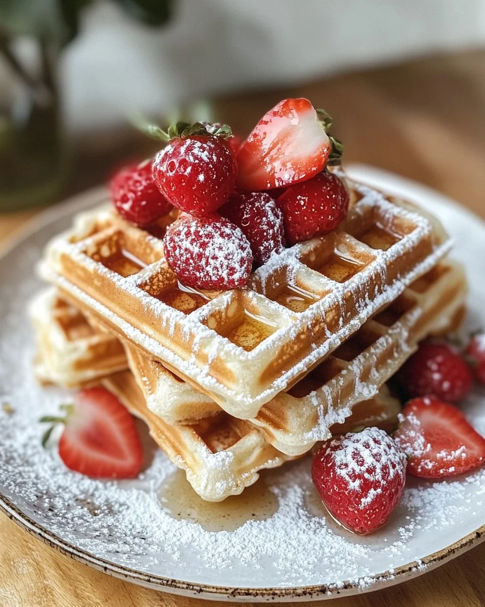 Delicious homemade waffles served on a plate with syrup and fruit.