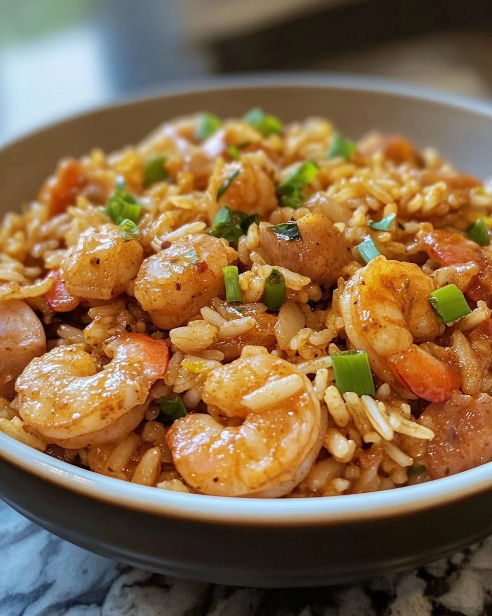 Delicious bowl of jambalaya with rice, shrimp, and sausage