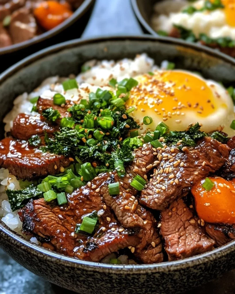 Delicious Korean BBQ beef bowl with rice and vegetables