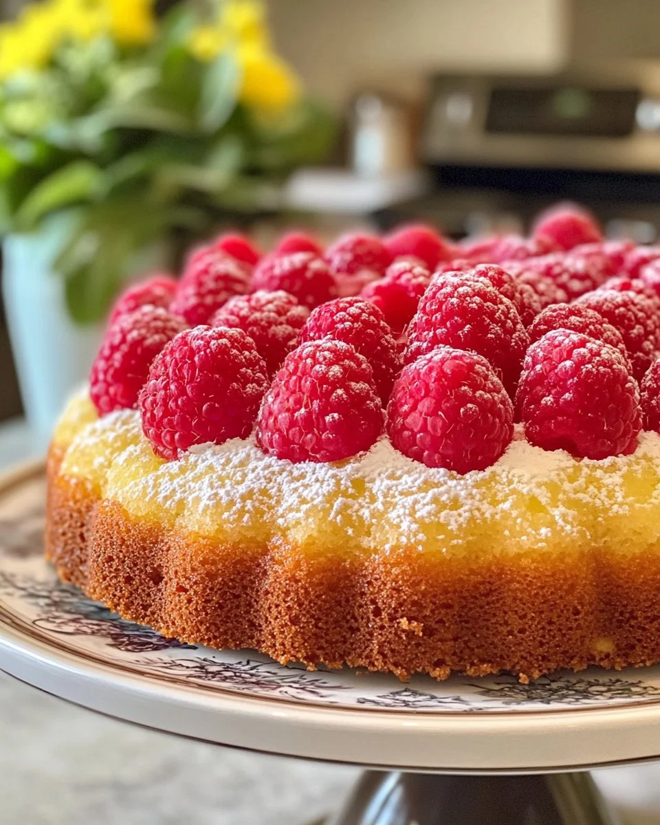 Slice of Lemon Raspberry Bundt Cake with fresh raspberries and lemon zest