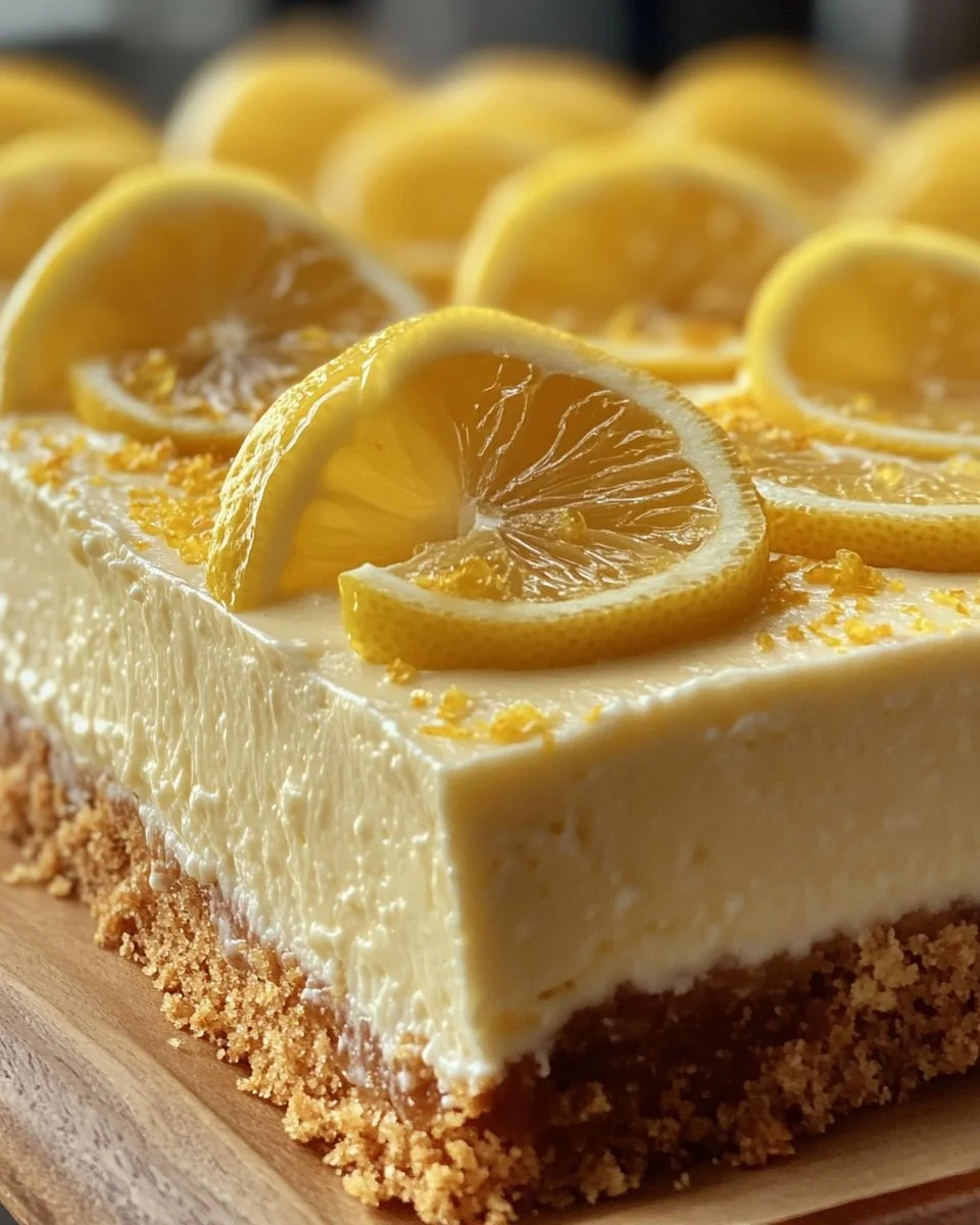 Delicious no bake lemon cheesecake topped with fresh lemon slices and berries