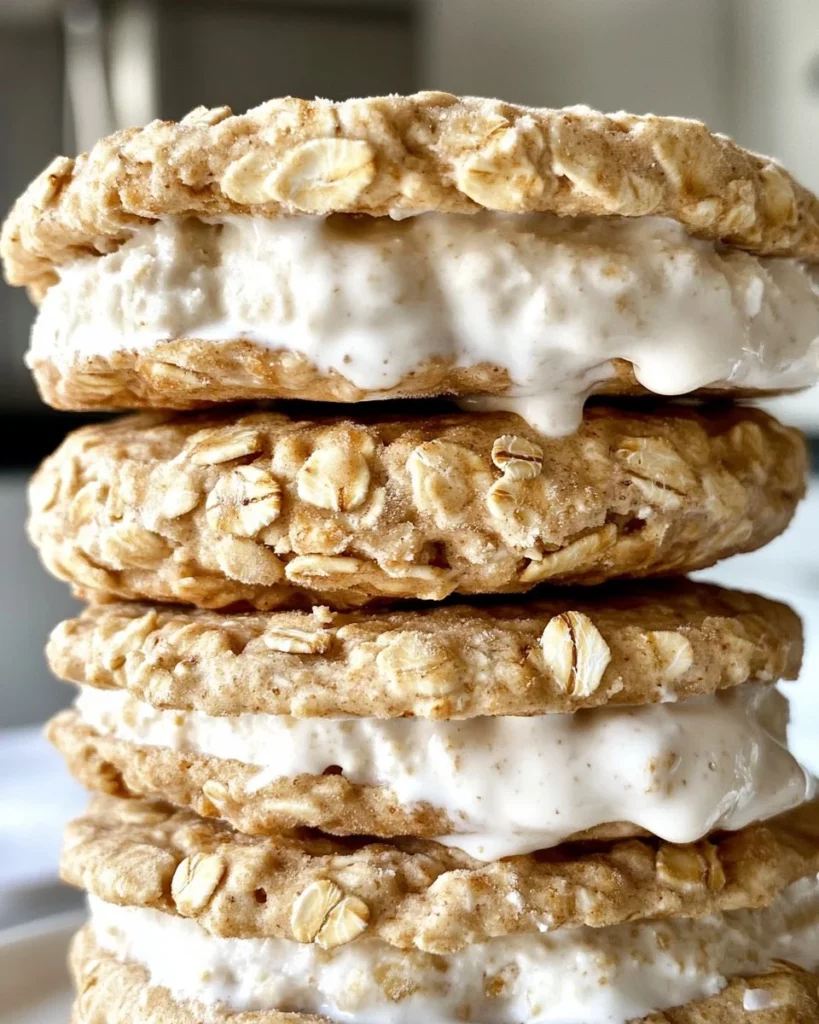Delicious oatmeal ice cream sandwiches with creamy filling and cookie texture