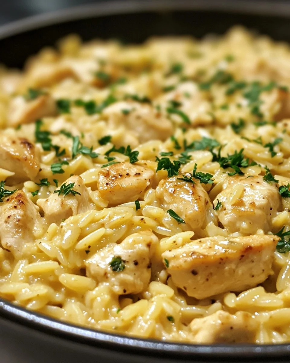 One-Pot Cajun Chicken Alfredo Orzo dish served in a bowl garnished with parsley.